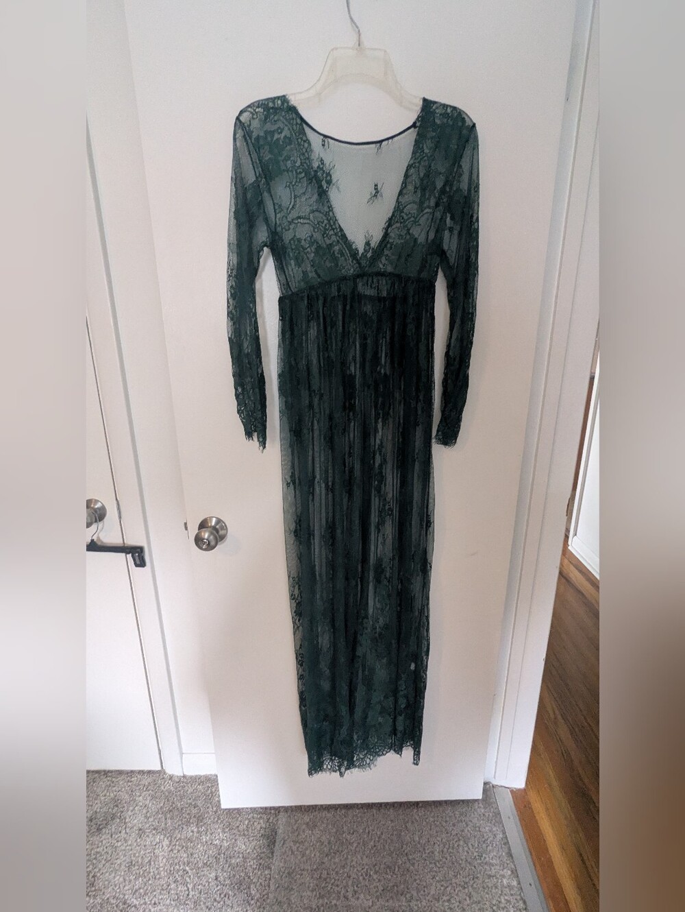 Sheer Lace Long Sleeve Maxi Nightgown - Forest Green